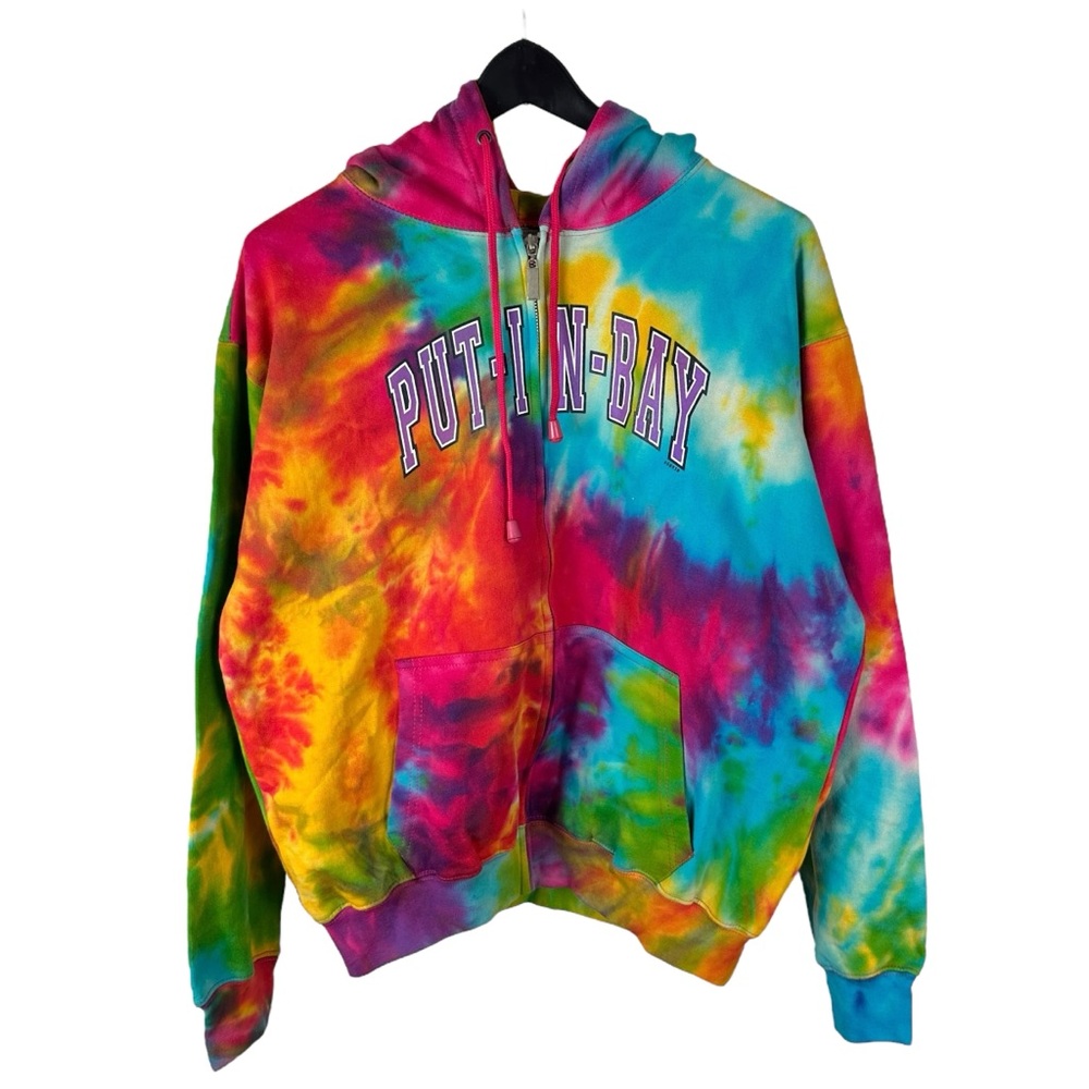 Vintage 90s ESY Casual Wear Put In Bay Tie Dye Full Zip Tourist Hoodie Size M